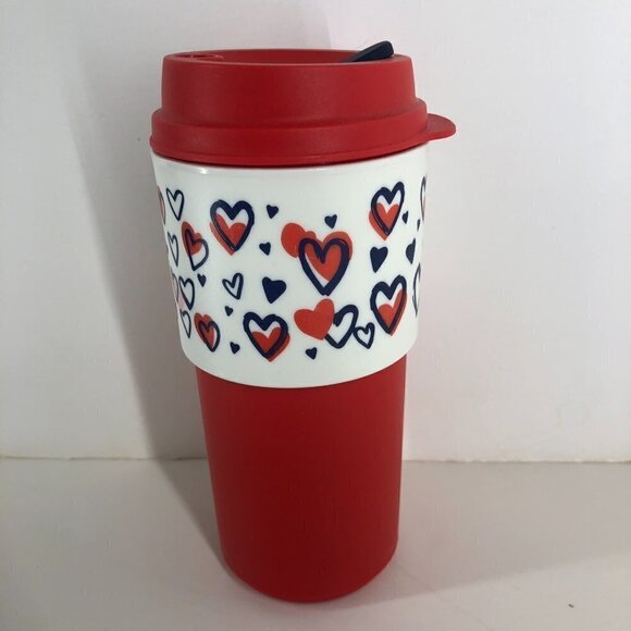 Tupperware Heart to Heart Red White Eco Cup To Go with Extra Lid Sz 490mL/16 oz - Picture 6 of 13